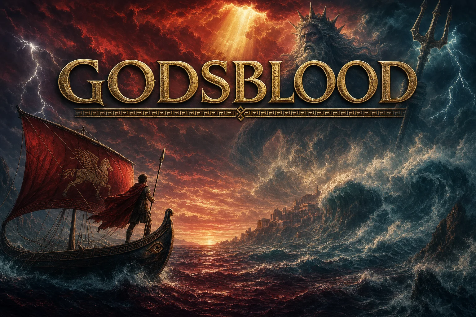 Godsblood splash screen: a lone hero on a ship facing a colossal sea god rising from the storm